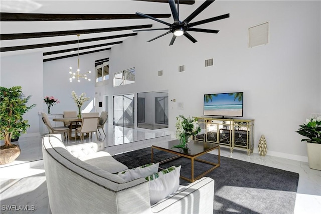 living room featuring high vaulted ceiling, a chandelier, and beamed ceiling