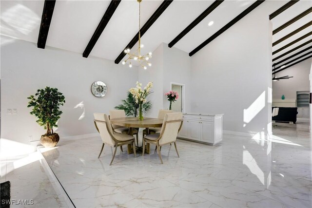 dining room featuring an inviting chandelier, beam ceiling, and high vaulted ceiling