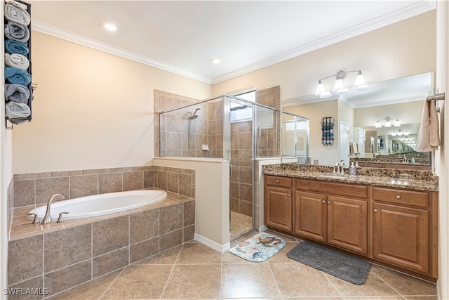 bathroom featuring ornamental molding, separate shower and tub, tile patterned flooring, and vanity