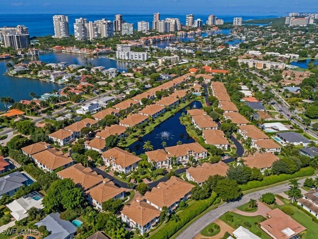 drone / aerial view featuring a water view