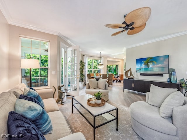 living room featuring light hardwood / wood-style floors, ceiling fan, and crown molding