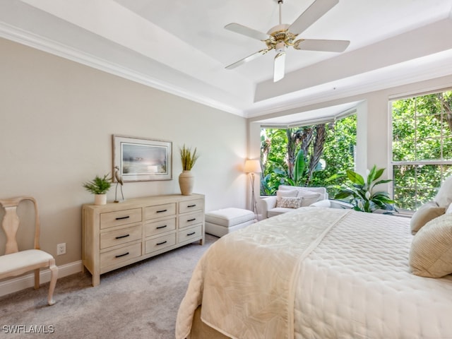 carpeted bedroom with a raised ceiling, ceiling fan, and ornamental molding