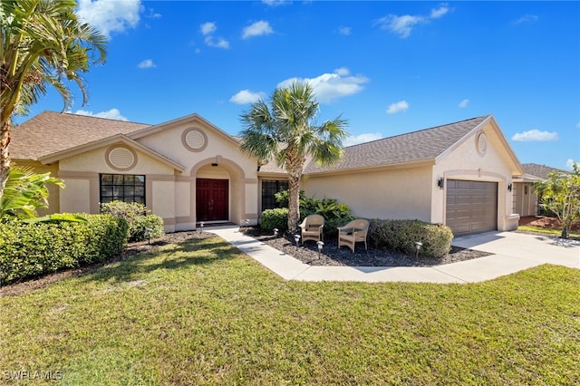 ranch-style house with a front lawn and a garage