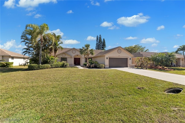 view of front of property featuring a front yard and a garage