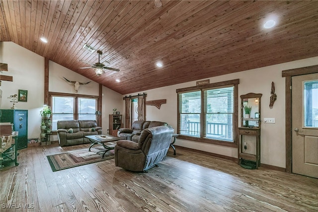 living room featuring high vaulted ceiling, ceiling fan, wood ceiling, and wood-type flooring