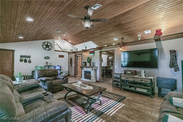 living room with lofted ceiling, ceiling fan, hardwood / wood-style flooring, wooden ceiling, and a fireplace