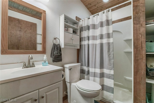 bathroom featuring vanity, wood ceiling, toilet, and vaulted ceiling