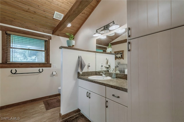 bathroom featuring hardwood / wood-style flooring, toilet, wooden ceiling, vaulted ceiling with beams, and vanity