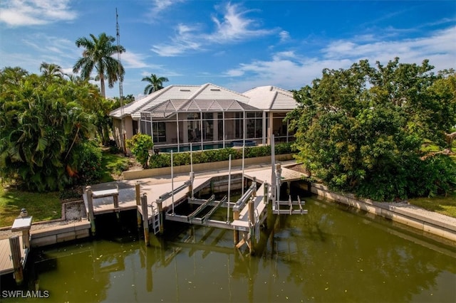 view of dock featuring a lanai, a water view, and a pool