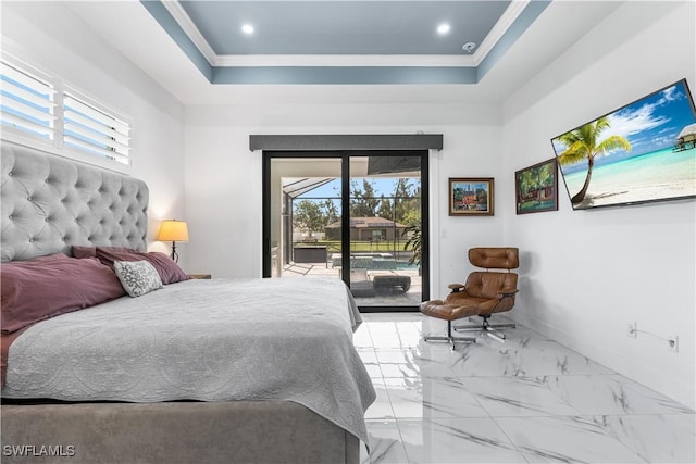 854 SW 15th Ave, Cape Coral, FL 33991 - bedroom with marble finish floor, a raised ceiling, baseboards, ornamental molding, and access to exterior