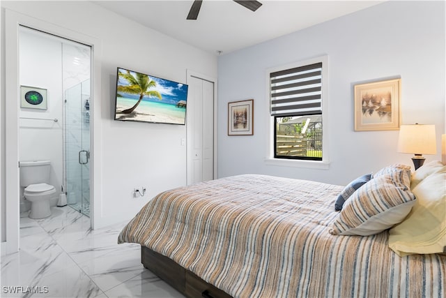 bedroom with connected bathroom and ceiling fan