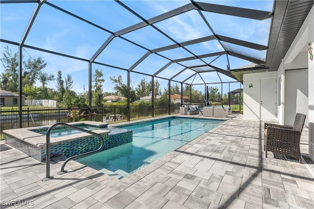 854 SW 15th Ave, Cape Coral, FL 33991 - view of swimming pool featuring an outdoor living space, a patio area, glass enclosure, and a pool with connected hot tub