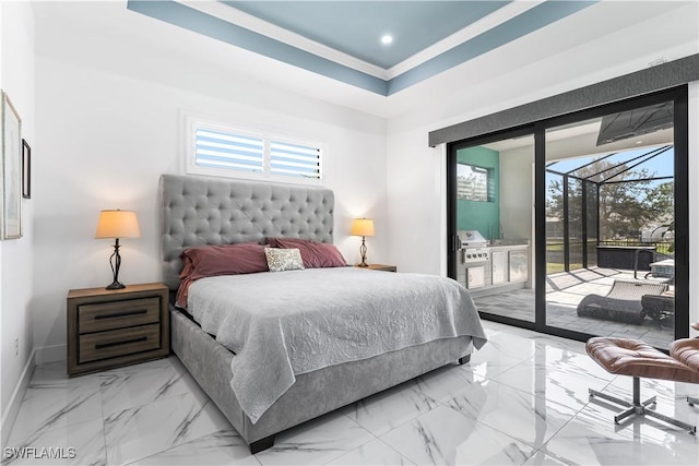 854 SW 15th Ave, Cape Coral, FL 33991 - bedroom with access to exterior, baseboards, recessed lighting, marble finish floor, and a sunroom