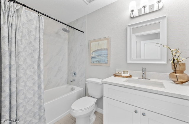 full bathroom with vanity, toilet, and shower / tub combo with curtain