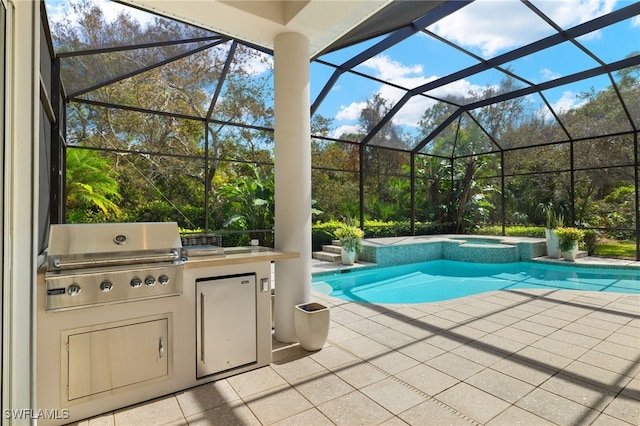 view of swimming pool featuring an in ground hot tub, a patio, a lanai, and grilling area