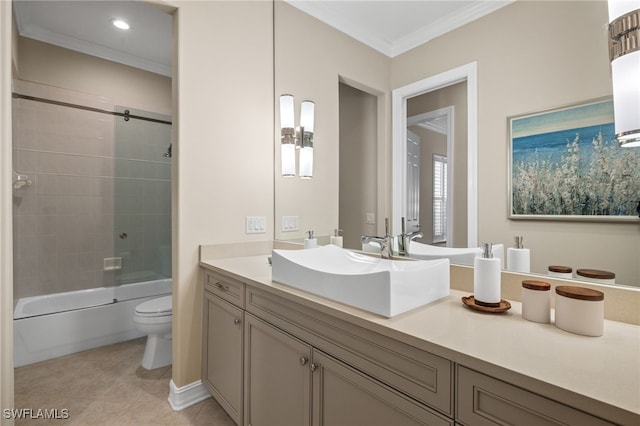 full bathroom with toilet, tile patterned flooring, crown molding, vanity, and enclosed tub / shower combo