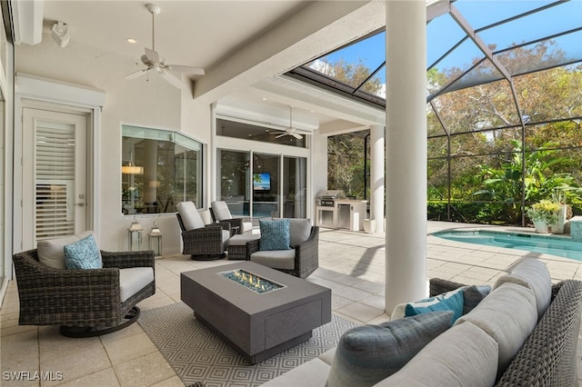 view of patio / terrace with an outdoor living space, a lanai, a grill, and ceiling fan