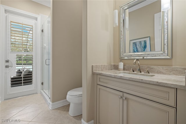 bathroom with vanity, tile patterned flooring, toilet, and walk in shower