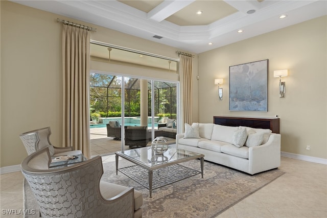 living room with beam ceiling, coffered ceiling, and light tile patterned floors