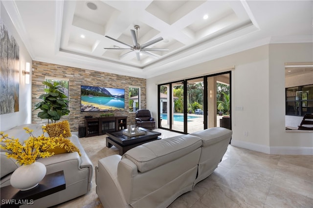 living room with beam ceiling, crown molding, coffered ceiling, and ceiling fan