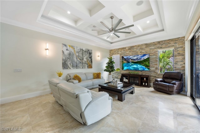 living room with a fireplace, coffered ceiling, crown molding, ceiling fan, and beam ceiling