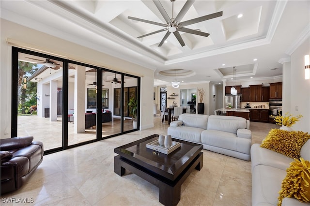 living room with coffered ceiling, crown molding, and ceiling fan