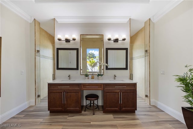 bathroom featuring crown molding, wood-type flooring, and walk in shower