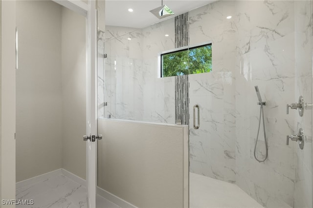 full bathroom featuring recessed lighting, baseboards, a marble finish shower, and marble finish floor