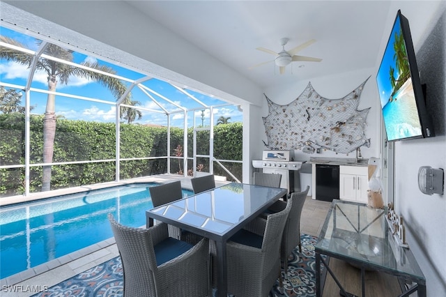 view of patio / terrace with a ceiling fan, an outdoor pool, a lanai, grilling area, and a sink