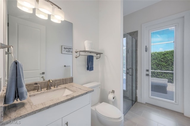full bath with a shower stall, toilet, and vanity