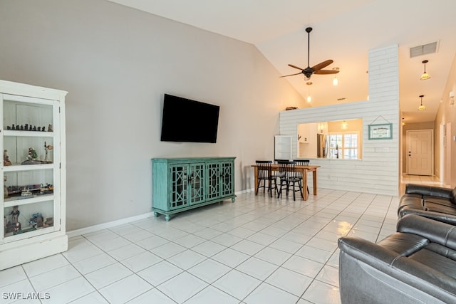 tiled living room featuring high vaulted ceiling, built in shelves, and ceiling fan