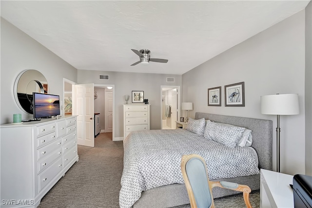 carpeted bedroom featuring connected bathroom and ceiling fan