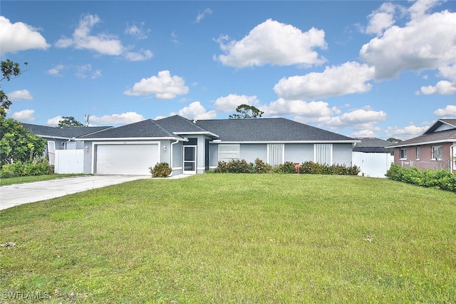 ranch-style house with a front yard and a garage