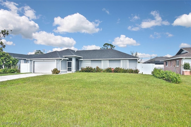 single story home featuring a front yard and a garage