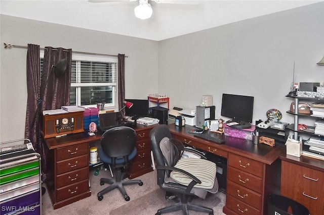 home office with carpet flooring and ceiling fan