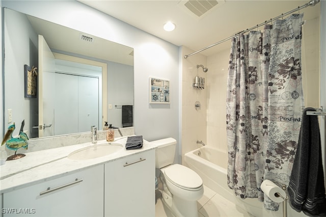 full bathroom featuring vanity, shower / tub combo, and toilet