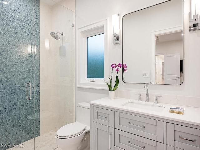 bathroom with a shower with door, vanity, and toilet