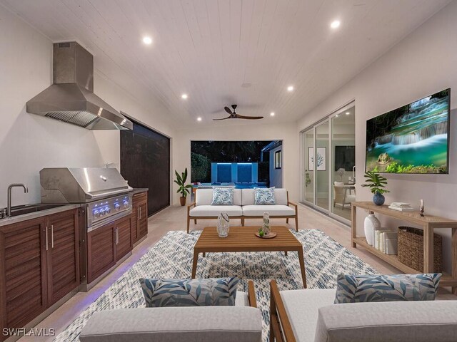 living room with sink, wooden ceiling, and ceiling fan