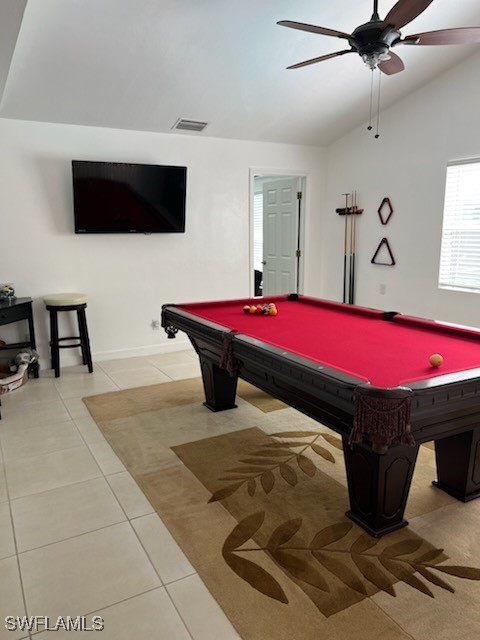 recreation room with tile patterned flooring, billiards, visible vents, and vaulted ceiling