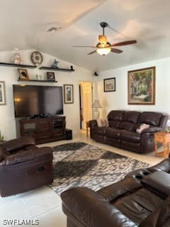 living room with lofted ceiling and a ceiling fan