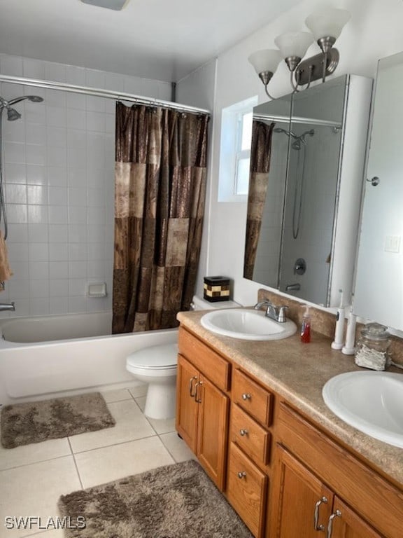 bathroom with double vanity, shower / bathtub combination with curtain, toilet, a sink, and tile patterned flooring