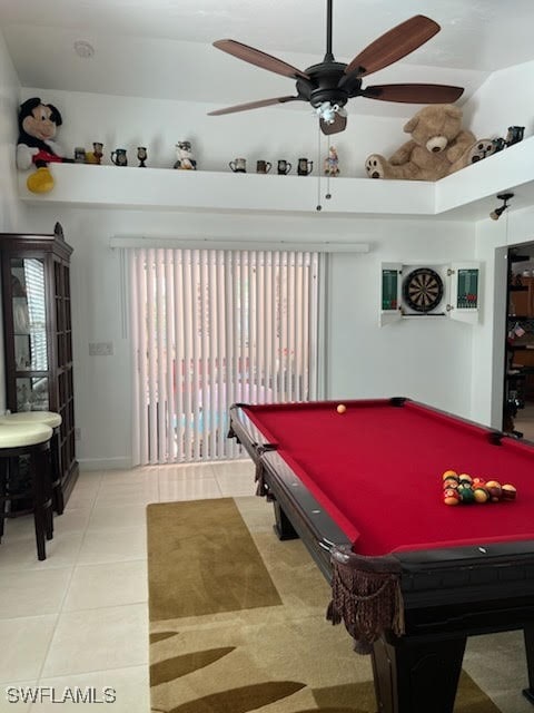 playroom featuring light tile patterned floors, pool table, vaulted ceiling, and a ceiling fan