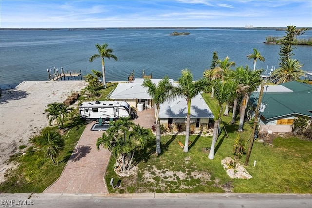 drone / aerial view featuring a water view