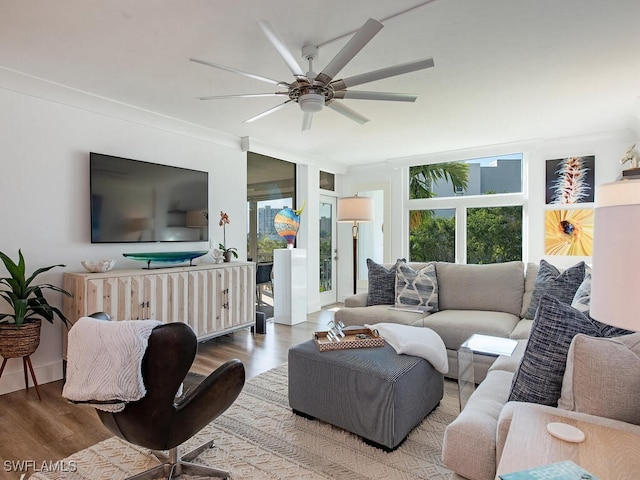 living room featuring ceiling fan, crown molding, and hardwood / wood-style floors