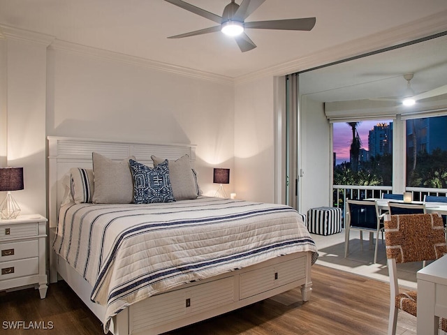 bedroom with crown molding, ceiling fan, and dark wood-type flooring