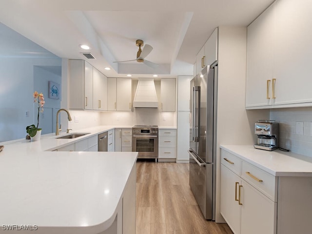 kitchen with stainless steel appliances, white cabinetry, kitchen peninsula, and custom exhaust hood