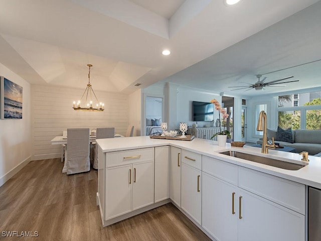 kitchen featuring white cabinets, dark wood-type flooring, sink, and kitchen peninsula