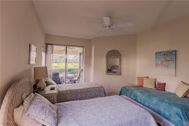 bedroom featuring access to outside and ceiling fan