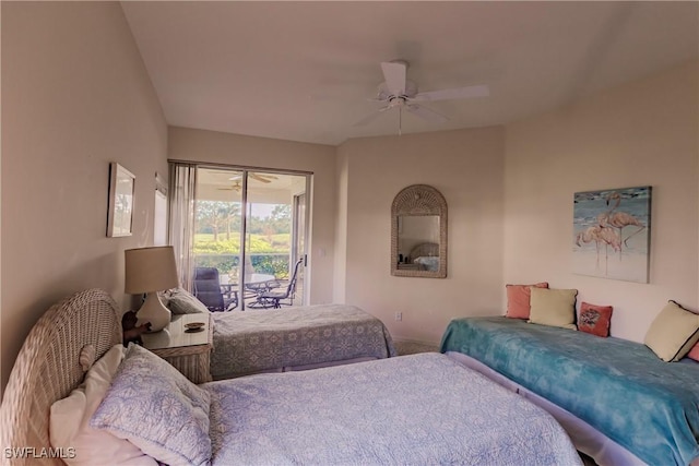 carpeted bedroom featuring a ceiling fan, baseboards, and access to outside