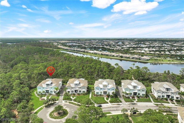 drone / aerial view with a water view